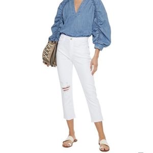 NEW FRAME Le Beau Blanc Drive Rips High-Rise Straight Leg White Jeans
